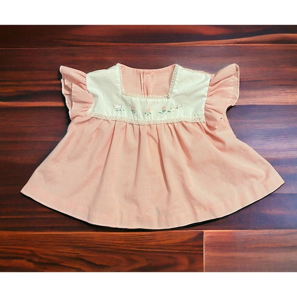 Unbranded Other - Vintage Children’s Easter Dress Baby 12 - 24 Mo Pink Stripe Embroidered Bunnies